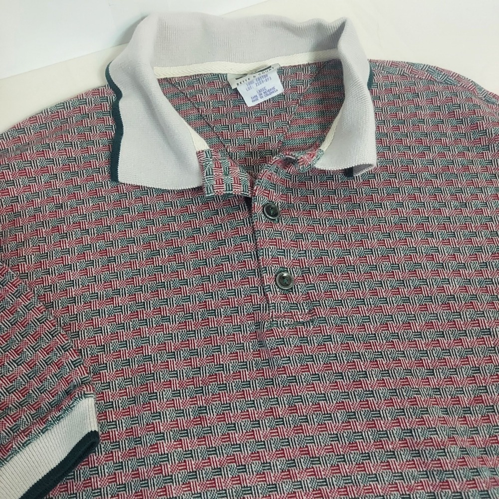 Bette & Court Mens Golf Tour Polo‎ Shirt Large Red Green Patterned Cotton